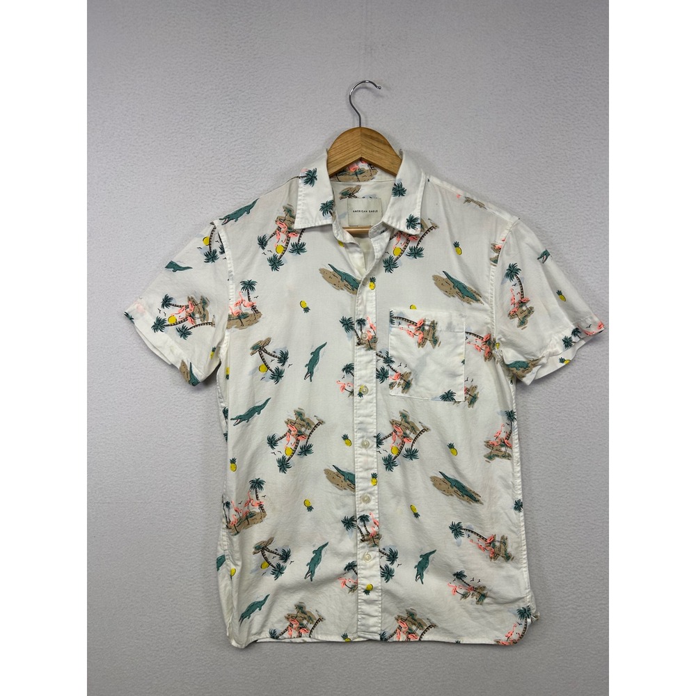 Tropical Beach American Eagle Mens XS White Flamingo Alligator Button Down Shirt